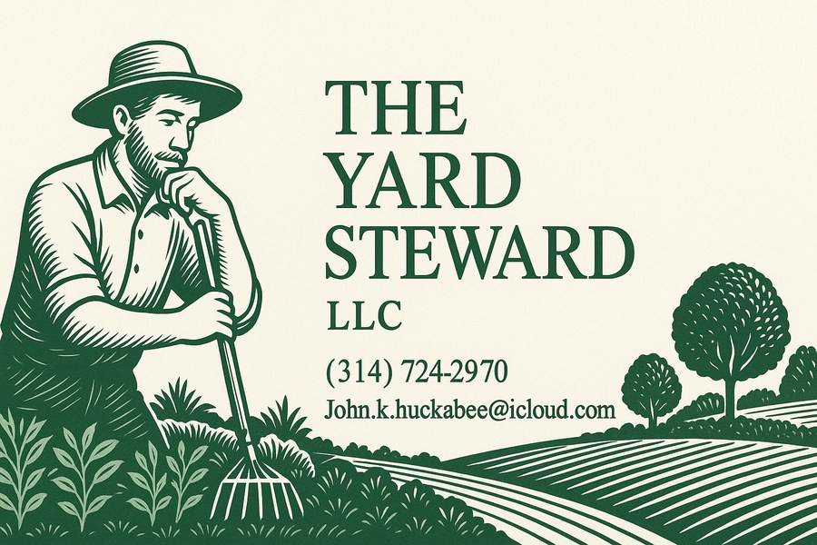 The Yard Steward LLC business card: an engraved gardener leaning on a rake, with John's phone number and email